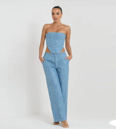 Fashion Denim Sequined Tube Top Wide Leg Pants Suit-4