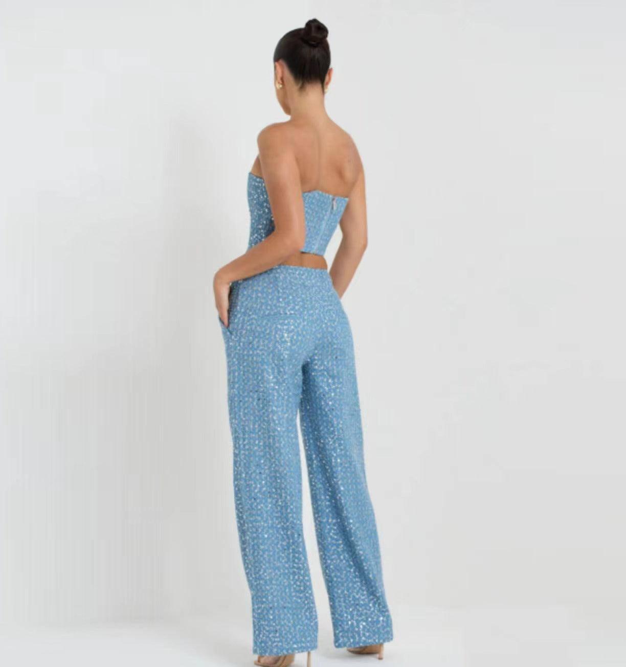 Fashion Denim Sequined Tube Top Wide Leg Pants Suit-8