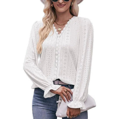 Fashion Lace V-neck Long Sleeve Top-White-12