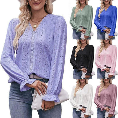 Fashion Lace V-neck Long Sleeve Top-1