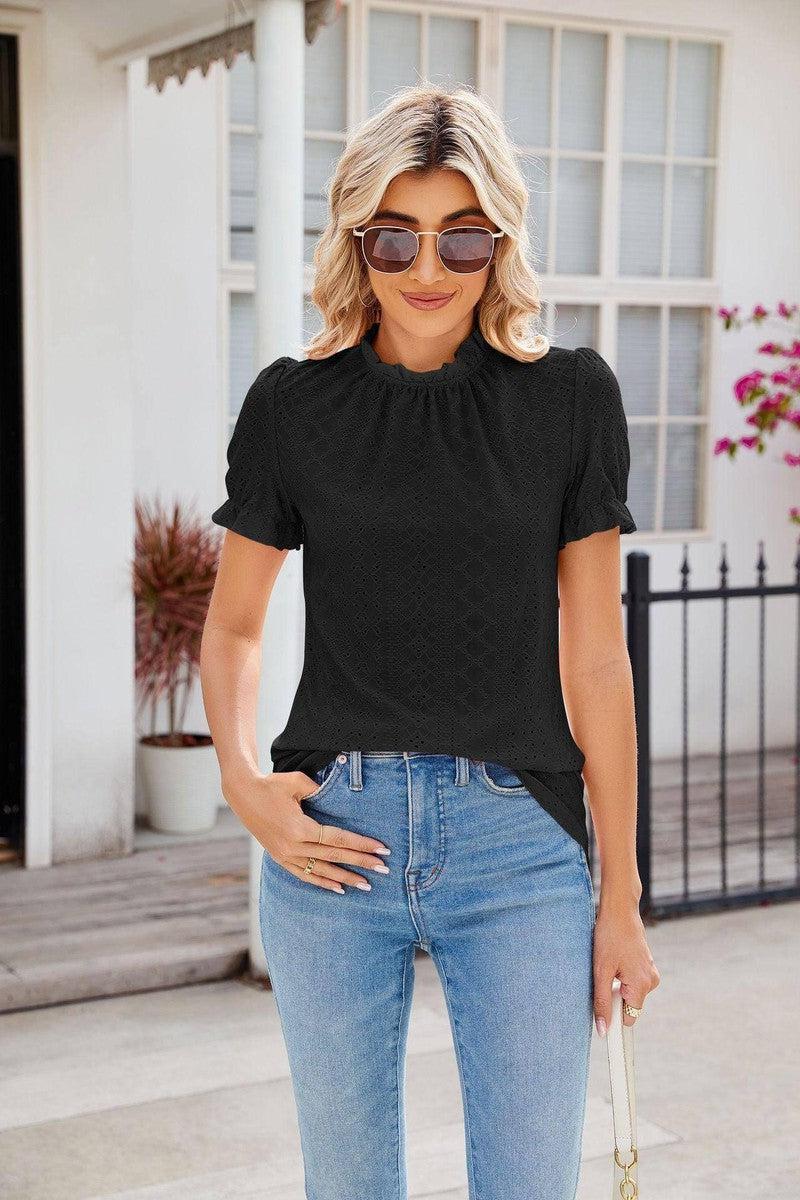 New Fashion Lacework Round Neck Top Summer Puff Sleeves Hollow Design Loose Pleated T-shirt For Womens Clothing-Black-2