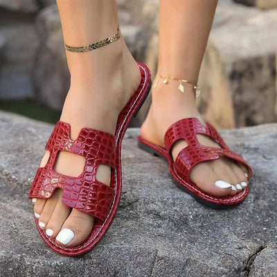 Fashion Pattern Sandals Summer Solid Color Flat Slides-Black Red-2