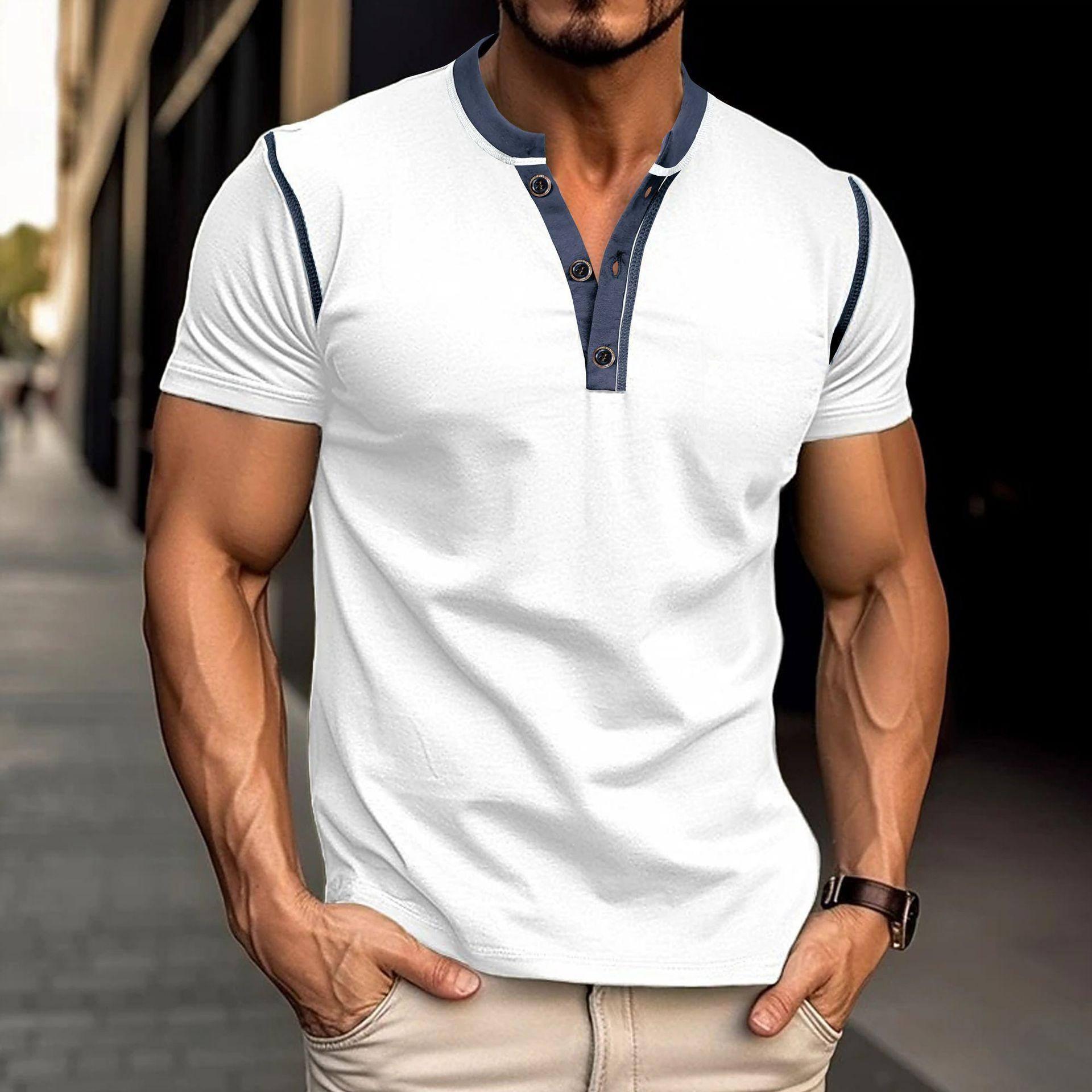 Fashion Short-sleeved Polo Shirt Summer Button V-neck-White-2