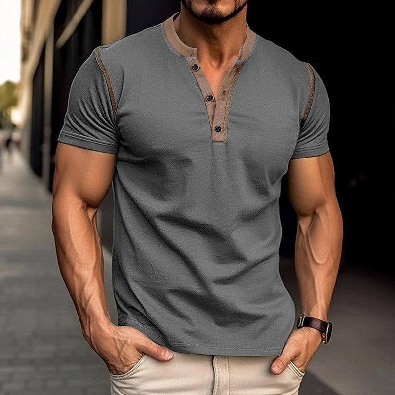 Fashion Short-sleeved Polo Shirt Summer Button V-neck Black / 2XL-Dark Grey-5