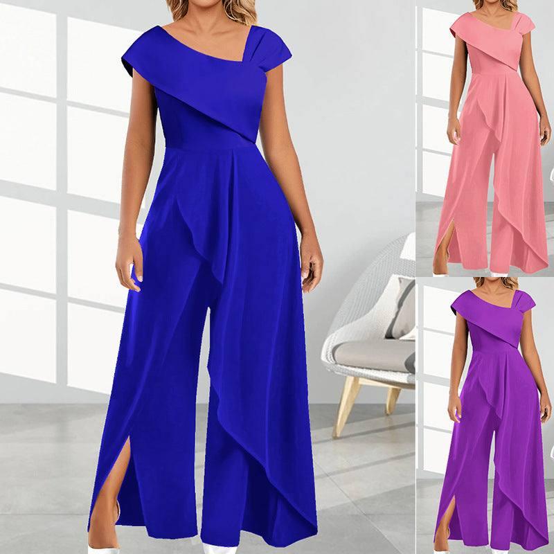 Fashion Simple Temperament Diagonal Collar Jumpsuit-1