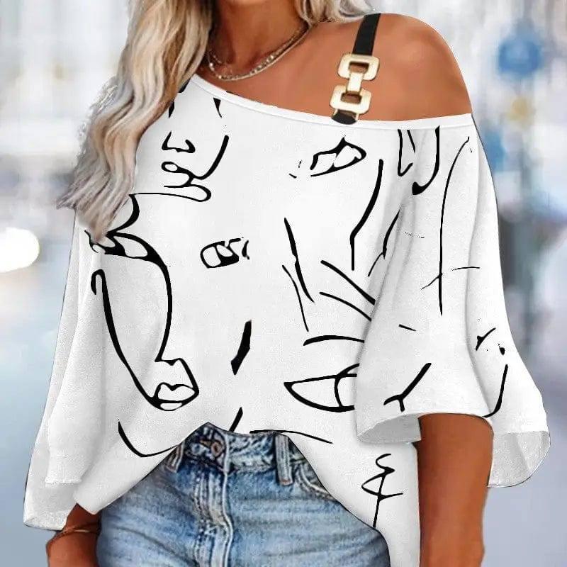 Fashion Stitching Loose Casual Women's Printed T-shirt-White Graffiti-2