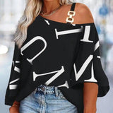 Fashion Stitching Loose Casual Women's Printed T-shirt-Black Letters-3