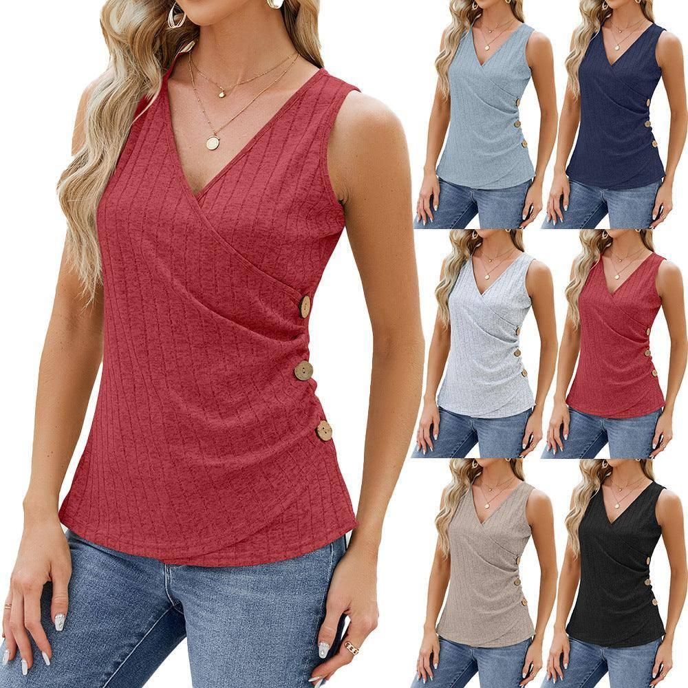 Fashion Vest With Button Design Sleeveless V-neck T-shirt-1