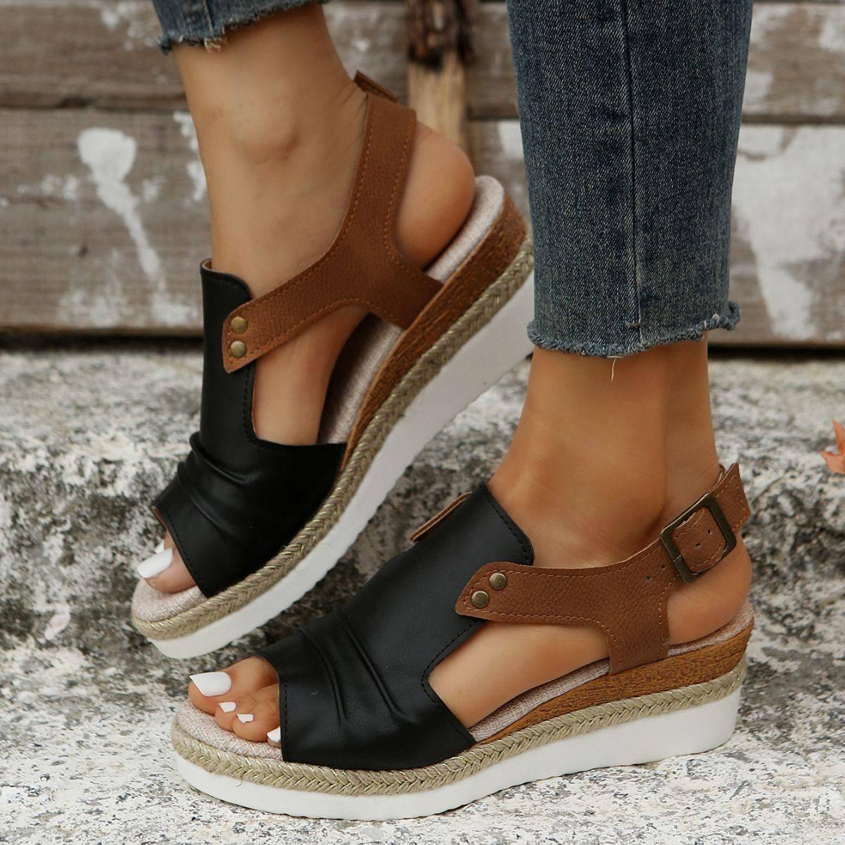 Fish Mouth Wedges Sandals With Straw Design Summer Peep Toe-Black-2