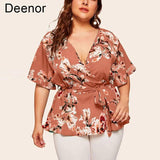 Deenor L-5xl Women's V-neck Short Sleeve Print Waist Tie Loose Chiffon Top Plus Size Ol Commuter Tie-up Pullover Top-1