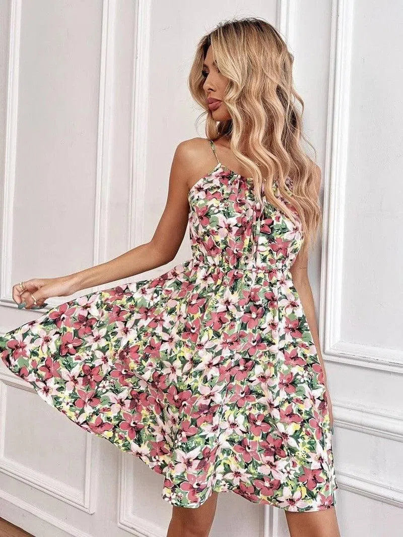 Floral Print Suspender Dress With Elastic Waist Design Fashion Summer Short Dresses Womens Clothing-2