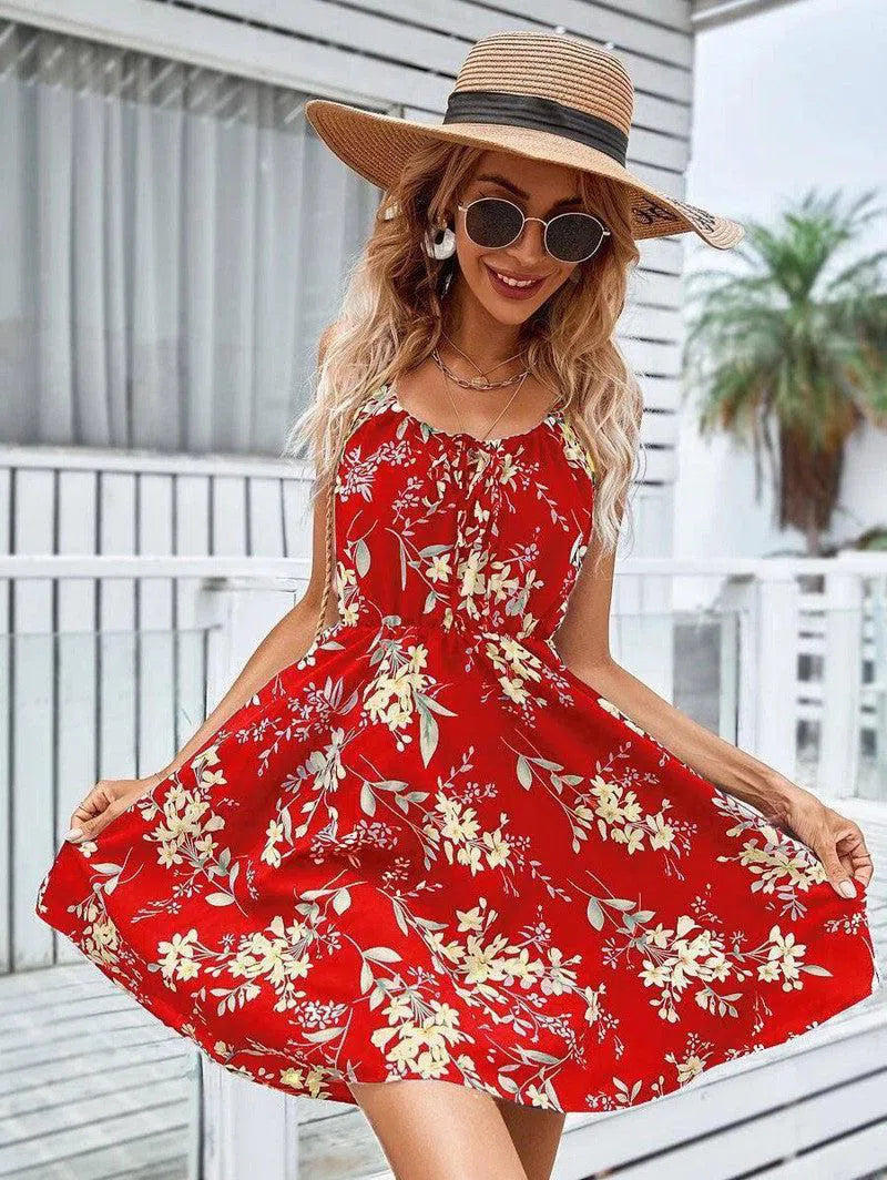 Floral Print Suspender Dress With Elastic Waist Design Fashion Summer Short Dresses Womens Clothing-Red-5