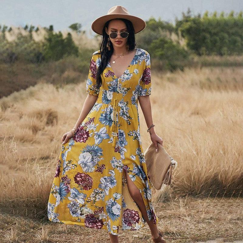 Floral Summer Beach Dress With V Neck Elastic Waist Dresses For Women-Yellow-4