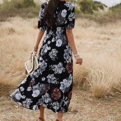 Floral Summer Beach Dress With V Neck Elastic Waist Dresses For Women-6