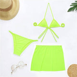 Fluorescent Color Three-piece Swimsuit Mesh Bikini Set-Green-2