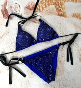 For The Cross-border Sexy Body Bra Strap Swimsuit Sequin-Blue-3