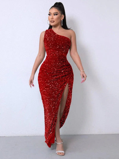 Foreign Trade Sleeveless One Shoulder Slash Neck Sequins-Red-13