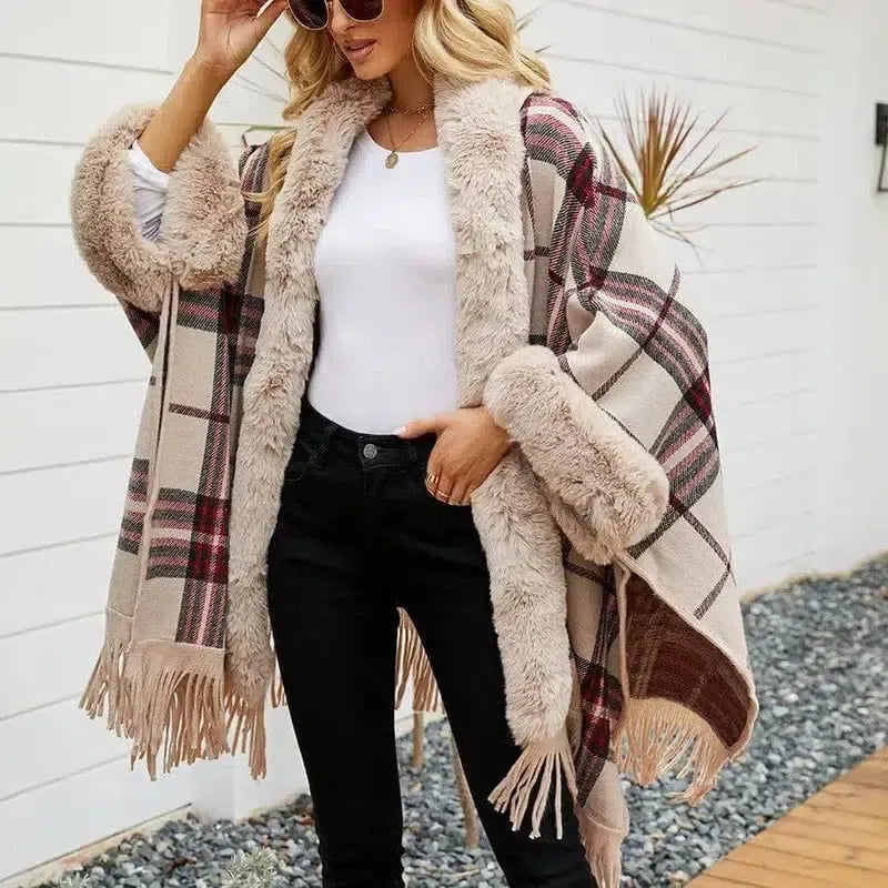 Fringe Cardigan Plaid Shawl Sweater Women's Dress-Beige-1