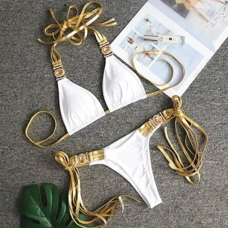 Golden Tassel Backless Bikini Crystal Diamond-White-3