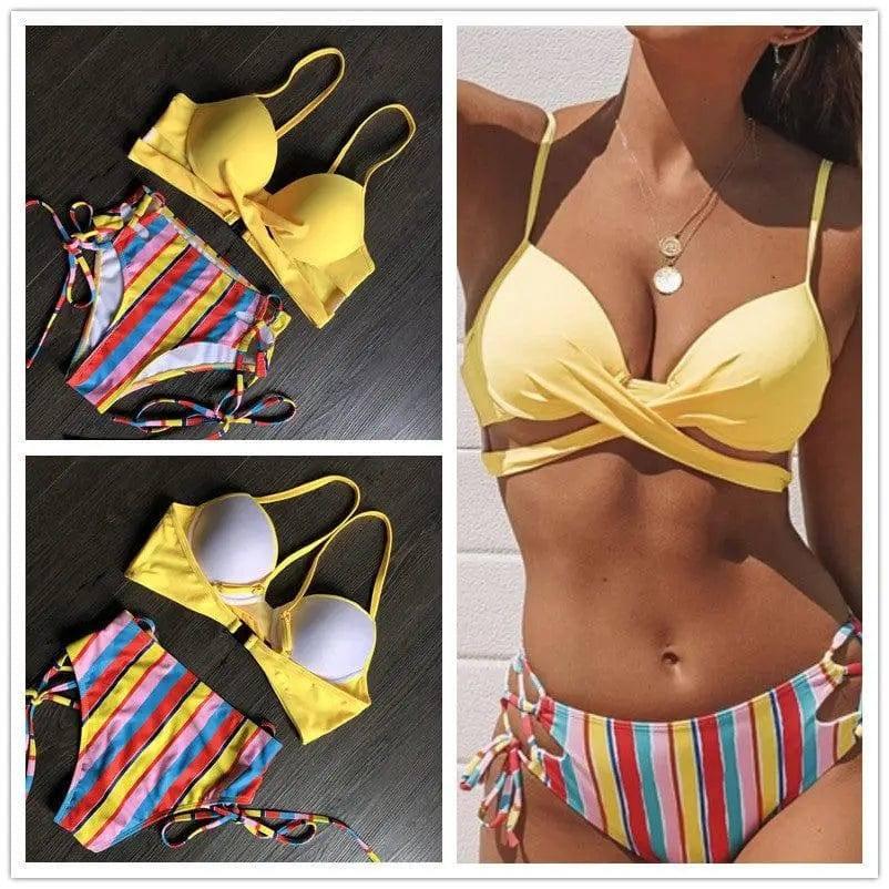 Hard Cover Striped Bikini Split Swimsuit-2