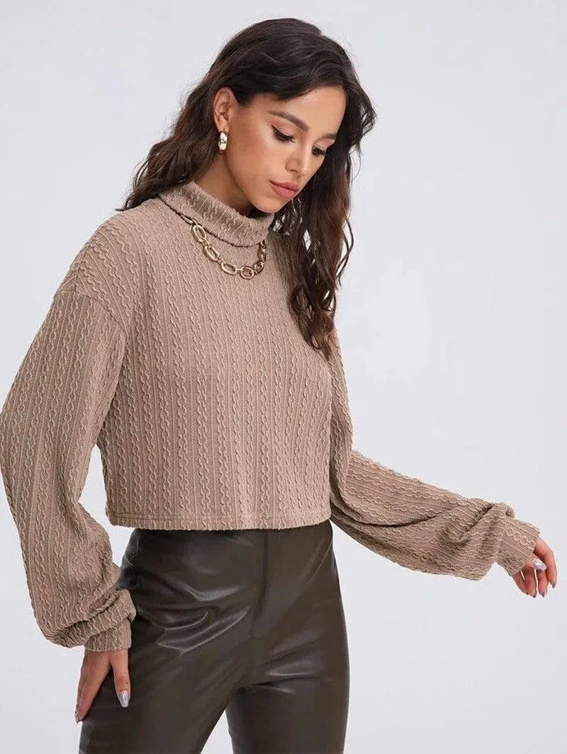 High Collar Long Sleeve Knitted Solid Loose Sweater For-6