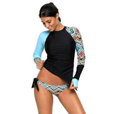 High Neck Long Sleeve Printed Swimsuit-Blue-4