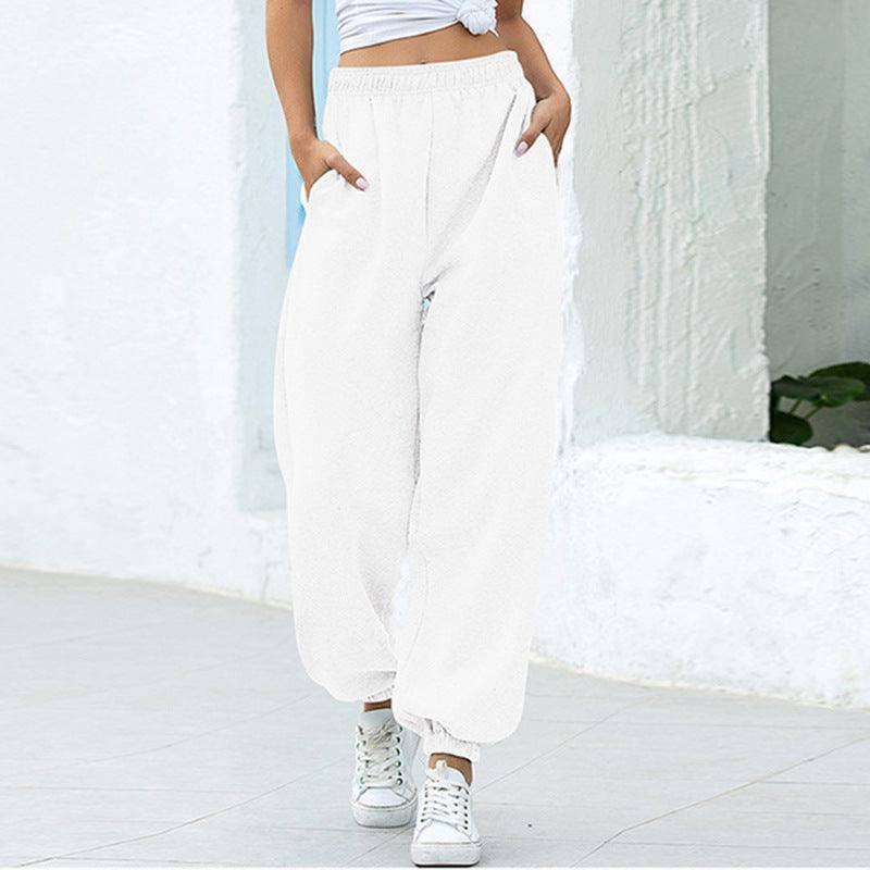 High waist casual track pants-White-2