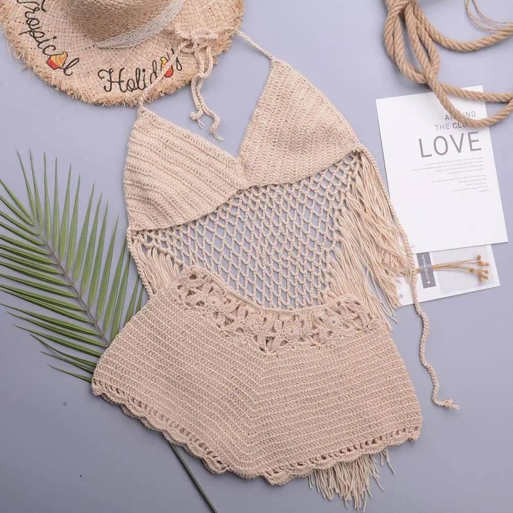 Hollow Crochet Tassel Strap Top Split Swimsuit-Apricot-4