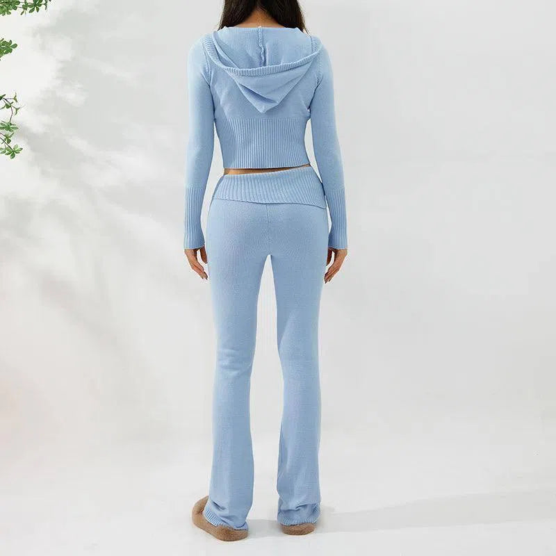 Hoodie Suit Women Leisure Zip Long Sleeve Sweater And High Waist Long Pants Set-Blue trousers-3