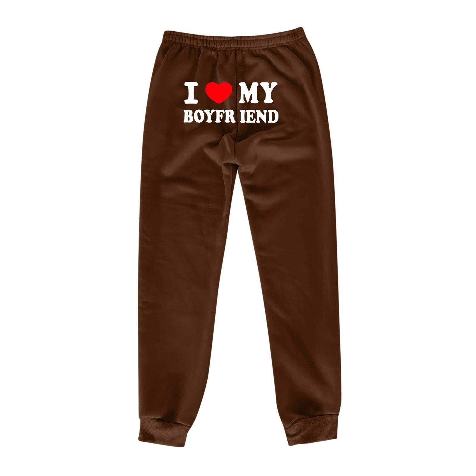 I Love MY BOYFRIEND Printed Trousers Casual Sweatpants Men-Dark Coffee Color Back Picture-13