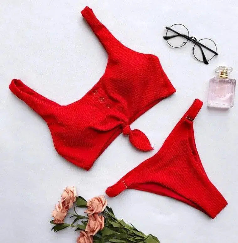 Knotted bikini on chest-Red-6