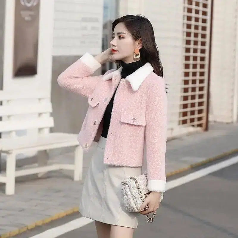 Korean Style Loose Little Woolen Coat-Pink-3