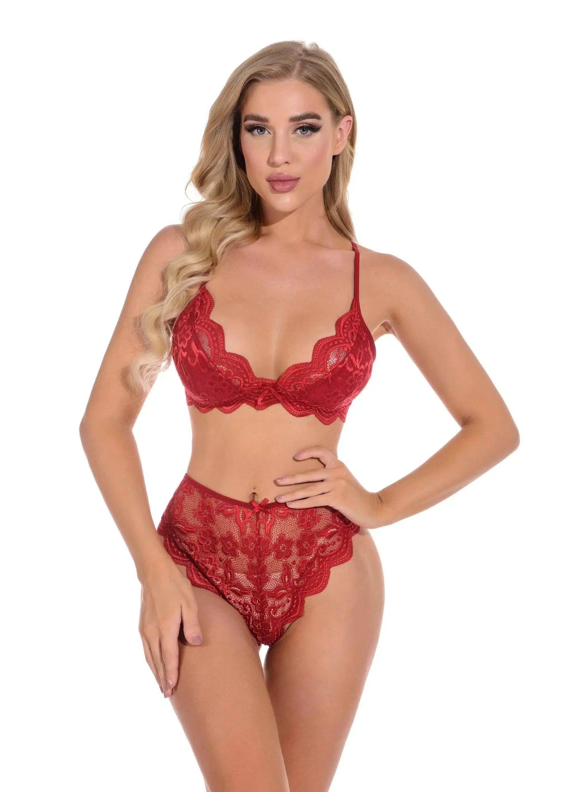 Lace Lingerie Underwear Lingerie Set-Winered-4