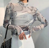 High Neck Printed Long Sleeve Fitted Top-1