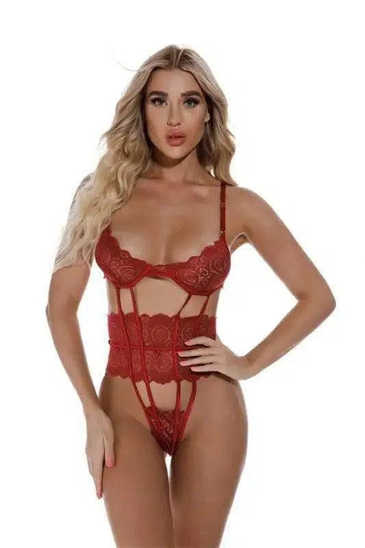 Lace Open Back Lingerie One Piece Bodysuit Sexy Sleepwear-Winered-2