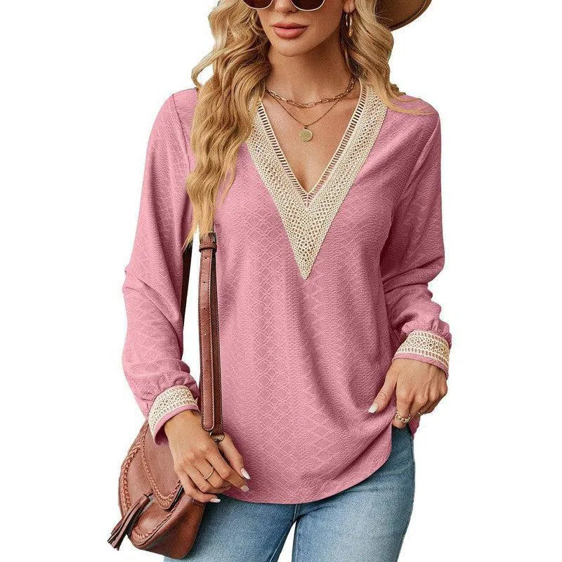 Lace Stitching V-neck T-shirt Loose Long-sleeved Solid Color Top For Women-Pink-6