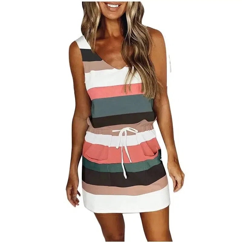 Ladies Color Striped Pocket V-neck Waist Halter Dress-2