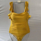 Ladies One-Piece Triangle Solid Color Sweet Ruffle Swimsuit-Yellow-3