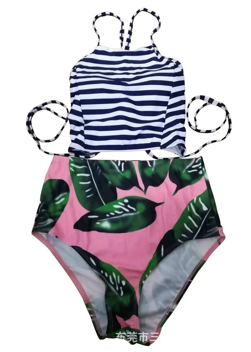 ladies split wave stripe swimsuit two piece size wear-S-1