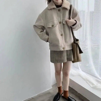 Lamb fur collar padded short woolen coat-Beige and Cotton-7