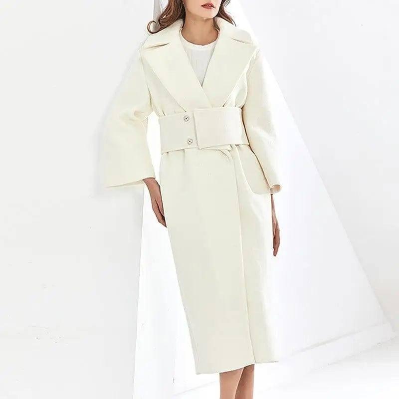 Lapel Waist White Mid-length Woolen Coat-1