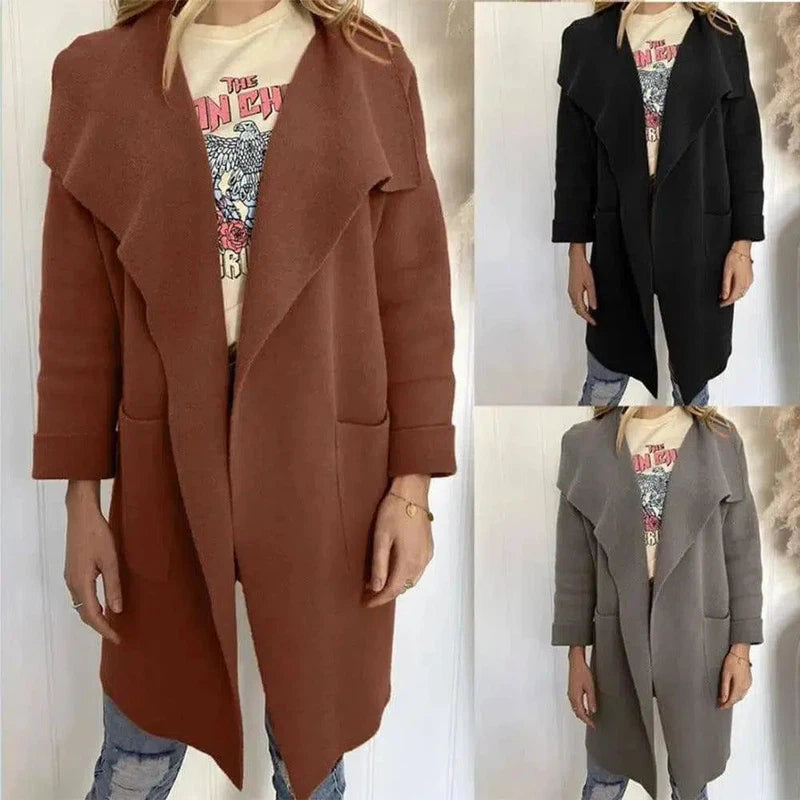 Lapel Woolen Jacket Long Sleeve Cardigan Coat-1