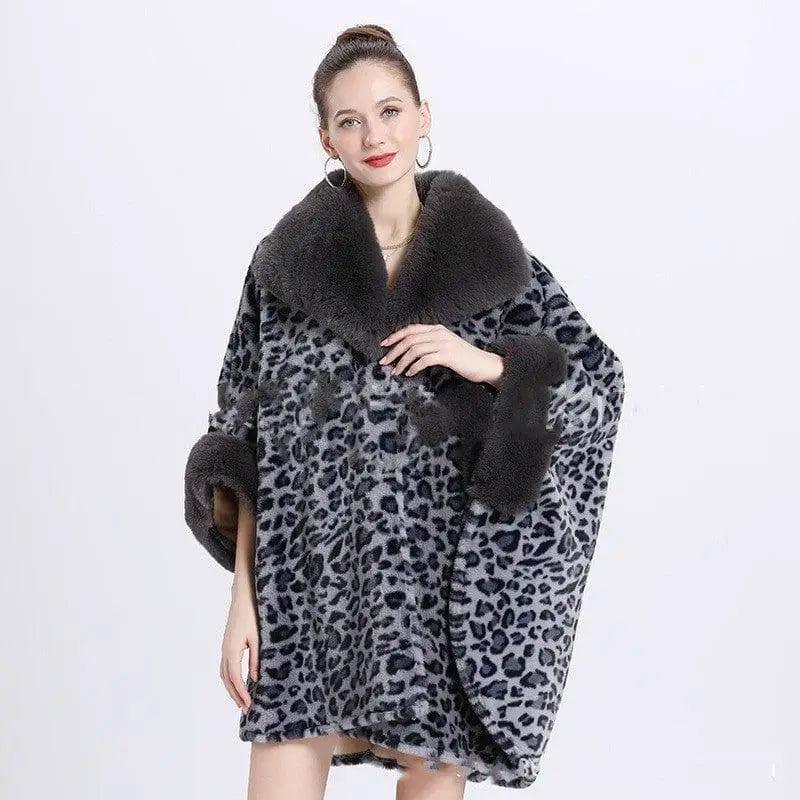 Leopard Print Big Hair Leader Mouth Cardigan Cape Women-Grey-1