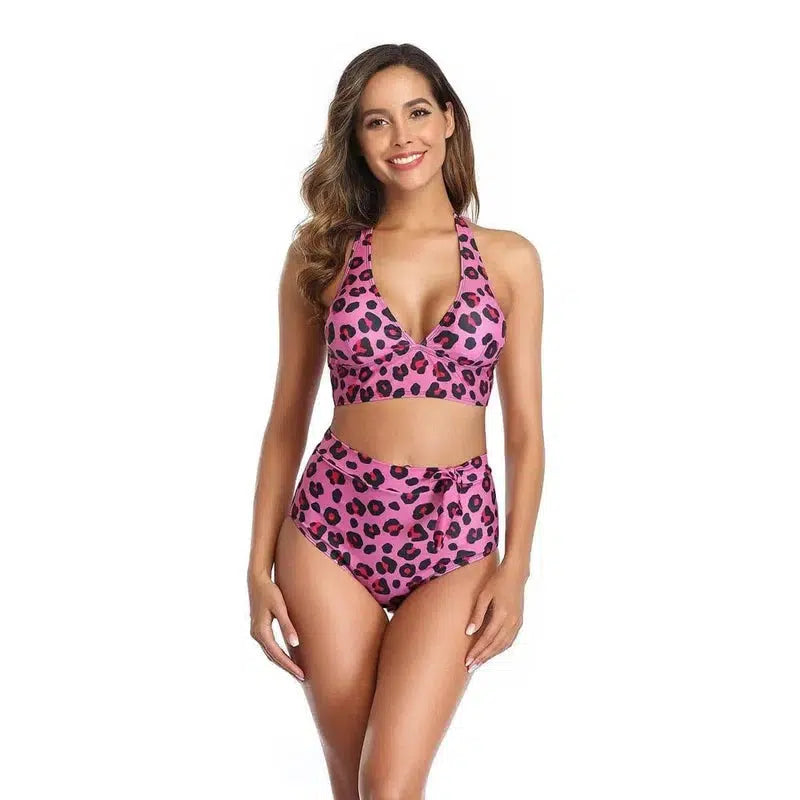 Leopard print bikini split swimsuit-Pink-3