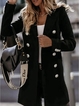 Long-sleeve Blazer-collar Double-breasted Nizi Coat-Black-2