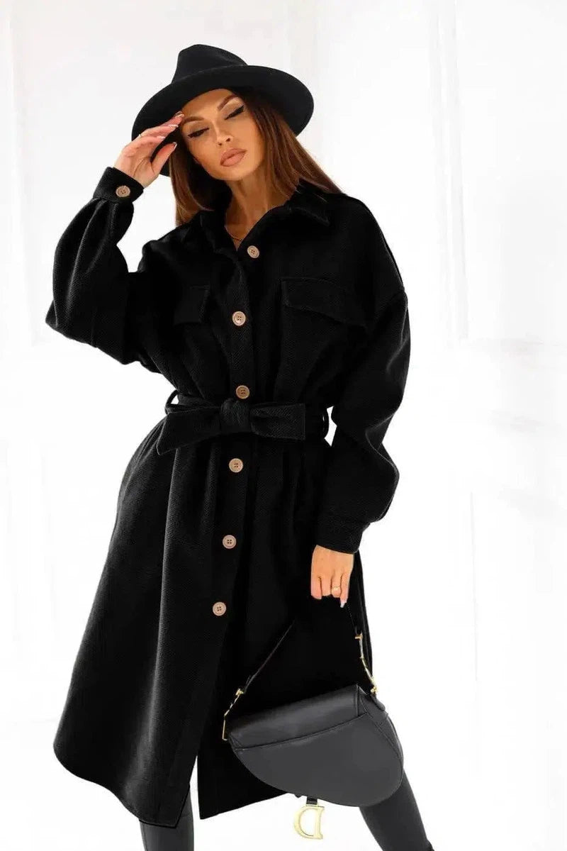 Long-sleeved V-neck Button Lace Woolen Coat Coat Women's-Black-5