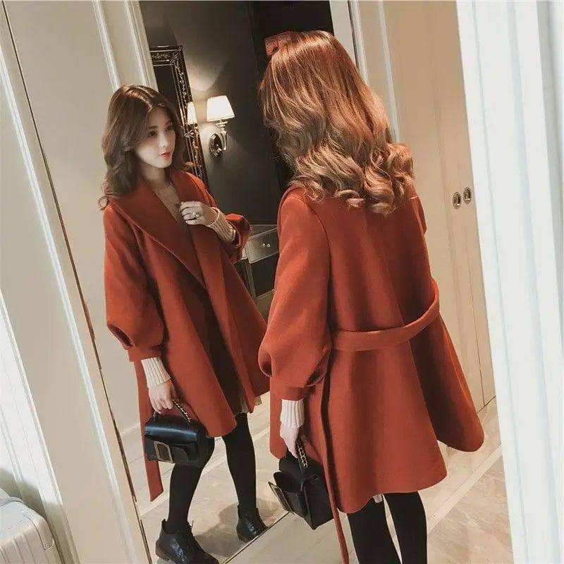 Loose and Slim Medium Length Lantern-sleeved Woolen Coat-3