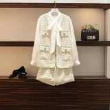 Women's Tweed Vest and Shorts Set with Bow Blouse-White threepiece suit-2