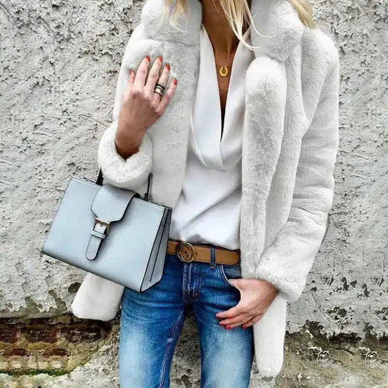Women's Faux Fur Lapel Jacket - Solid Color, Long-Sleeved-2 white-6