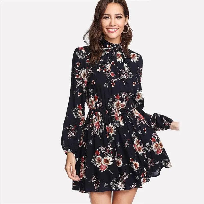 Autumn Floral Women Dresses Multicolor Elegant Long Sleeve-1